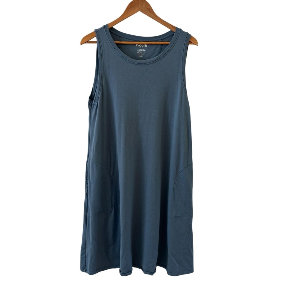 Wool& Tank Swing Dress Womens L Long Blue Merino Wool Pockets Midi Jersey Travel